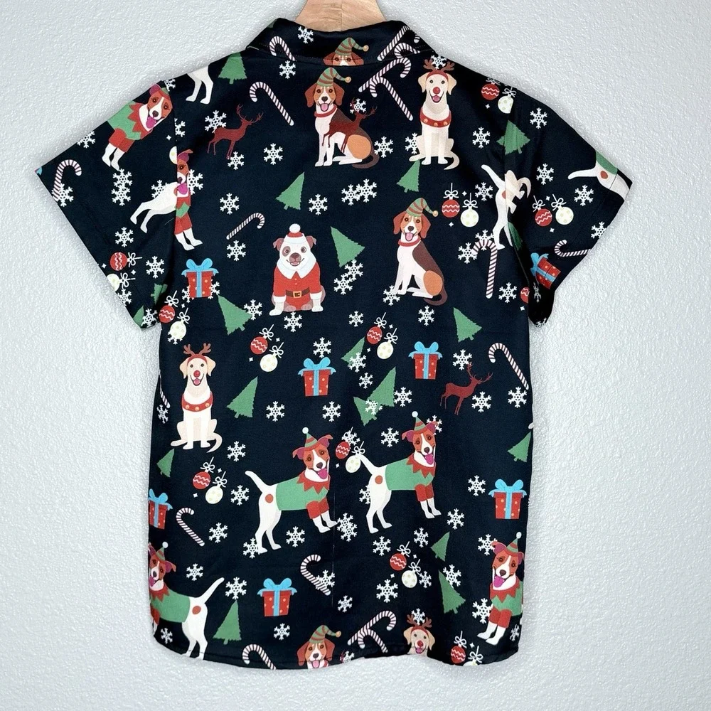 Boys Christmas Dog Button Up Shirt‎ Youth L 10/12 Holiday Santa Reindeer Novelty